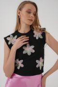 930 Kısa Kol Desenli Crop Bluz - Siyah resmi